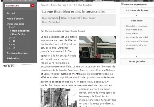 Saisie d'écran du site Web Les grandes rues de Montréal, 2017