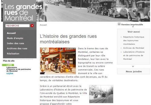 Saisie d'écran du site Web Les grandes rues de Montréal, 2017